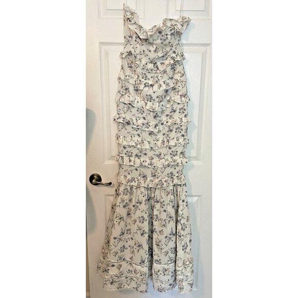New Boohoo dress size 2 strapless maxi mermaid sundress white w/blue flowers - Picture 1 of 12
